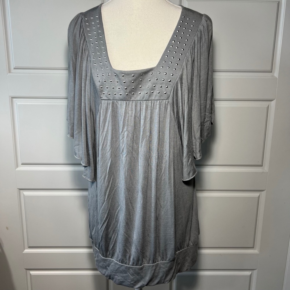 Suzie Couture Gray Silver Studded Square Neck Flutter Sleeve Tunic Dress Medium